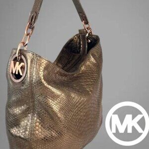 Michael Kors Copper Gold Snakeskin Effect Leather Purse Fulton Gold Logo Bag
